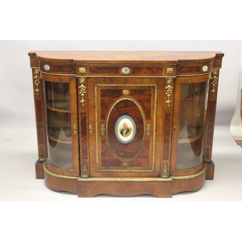 535 - A GOOD VICTORIAN WALNUT CREDENZA with painted Sevres panels. The front with a single panel door, the... 