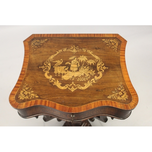 537 - A VERY GOOD 19TH CENTURY MAHOGANY WORK TABLE with crossbanded top, the top inlaid with a Chinese sce... 