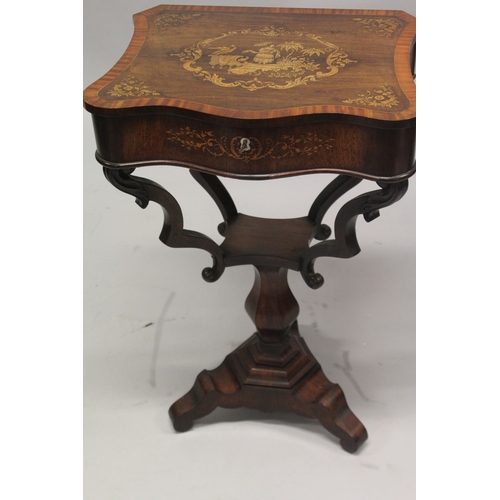 537 - A VERY GOOD 19TH CENTURY MAHOGANY WORK TABLE with crossbanded top, the top inlaid with a Chinese sce... 