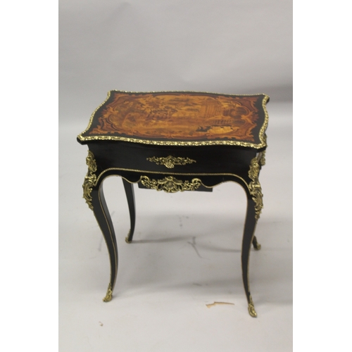 538 - A VERY GOOD 19TH CENTURY FRENCH MARQUETRY INLAID WORK TABLE with ormolu mounts and female heads, ope... 