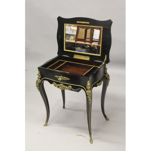 538 - A VERY GOOD 19TH CENTURY FRENCH MARQUETRY INLAID WORK TABLE with ormolu mounts and female heads, ope... 