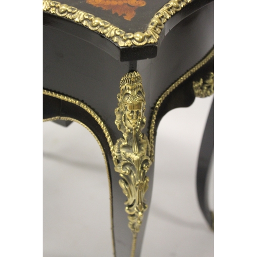 538 - A VERY GOOD 19TH CENTURY FRENCH MARQUETRY INLAID WORK TABLE with ormolu mounts and female heads, ope... 