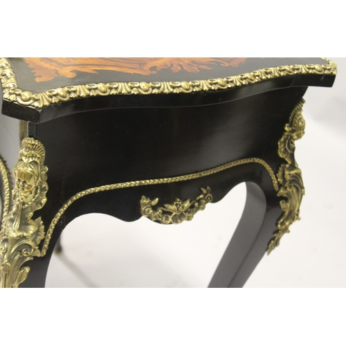 538 - A VERY GOOD 19TH CENTURY FRENCH MARQUETRY INLAID WORK TABLE with ormolu mounts and female heads, ope... 