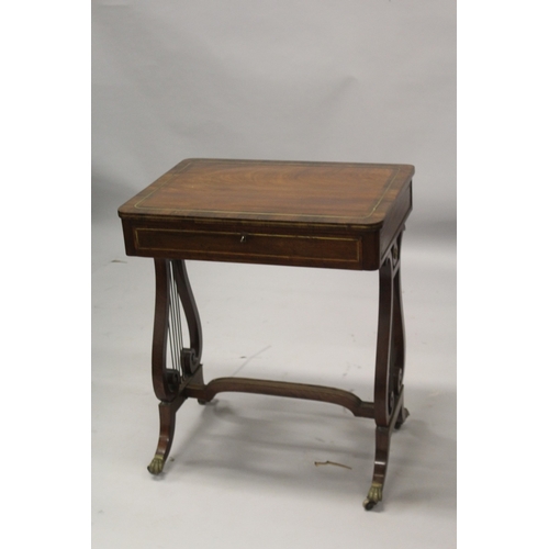 539 - A GOOD REGENCY MAHOGANY WRITING TABLE with plain crossbanded top and fitted frieze drawer, with leat... 