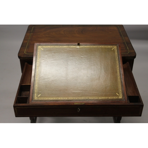 539 - A GOOD REGENCY MAHOGANY WRITING TABLE with plain crossbanded top and fitted frieze drawer, with leat... 