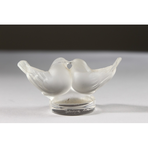 544 - A SMALL LALIQUE GROUP OF LOVE BIRDS. Etched Lalique, France. 2ins high.