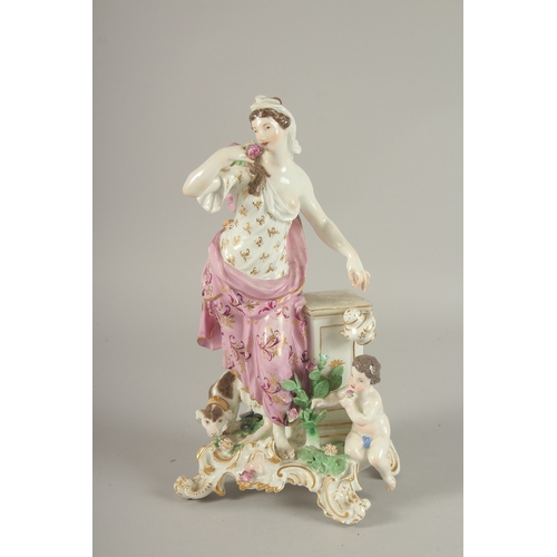 562 - A GOOD 19TH CENTURY MEISSEN PORCELAIN CLASSICAL FEMALE FIGURE standing beside a pillar with a small ... 