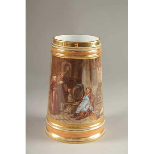 564 - A GOOD VIENNA PORCELAIN TANKARD, 18cms high, with a painted panel of monks and a man asleep beside a... 