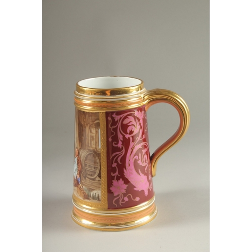 564 - A GOOD VIENNA PORCELAIN TANKARD, 18cms high, with a painted panel of monks and a man asleep beside a... 