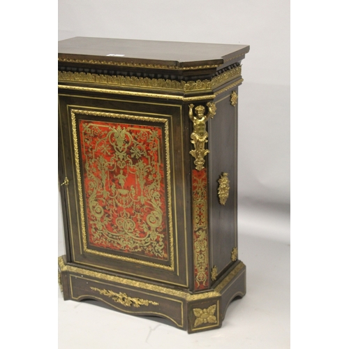 531 - A GOOD 19TH CENTURY BOULLE CUPBOARD mounted with ornate cupids, the front with a long Boulle panel d... 