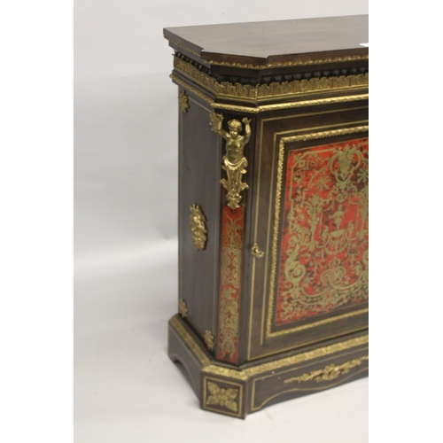 531 - A GOOD 19TH CENTURY BOULLE CUPBOARD mounted with ornate cupids, the front with a long Boulle panel d... 