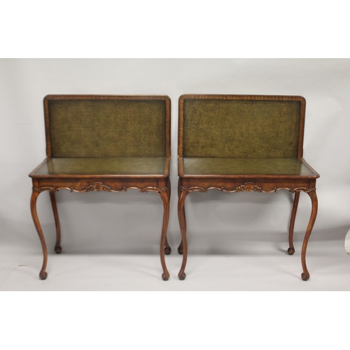 532 - A GOOD PAIR OF IRISH MAHOGANY FOLDING TOP CARD TABLES, with plain top and leather interior embossed ... 