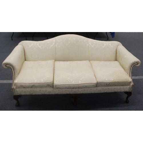 533 - A GOOD LARGE CHIPPENDALE DESIGN SOFA, with curving arms, padded serpentine base, three loose cushion... 