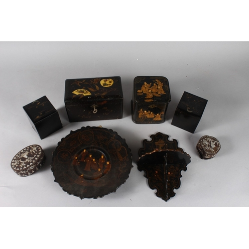 10 - A COLLECTION OF VARIOUS LACQUER BOXES AND OTHER ITEMS, including two mother of pearl inlaid boxes, (... 