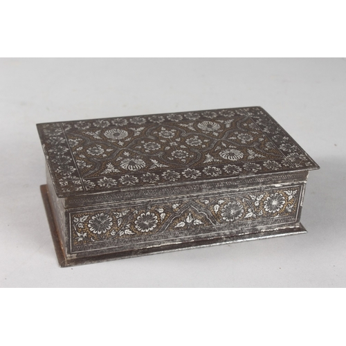 101 - A FINE 19TH CENTURY INDIAN SILVER AND GOLD INLAID STEEL BOX, 19cm x 10cm.