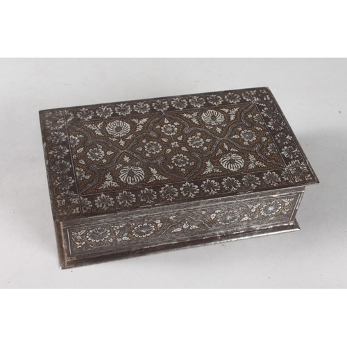 101 - A FINE 19TH CENTURY INDIAN SILVER AND GOLD INLAID STEEL BOX, 19cm x 10cm.