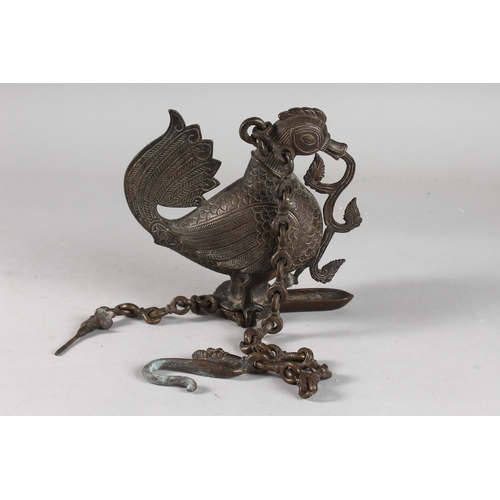 103 - A FINE 19TH CENTURY SOUTH INDIAN DECCANI BRONZE HAMSA BIRD HANGING OIL LAMP.