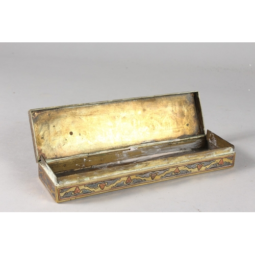 104 - A FINE 19TH CENTURY SYRIAN DAMASCUS SILVER AND COPPER INLAID BRASS PEN BOX, with fine Arabic calligr... 