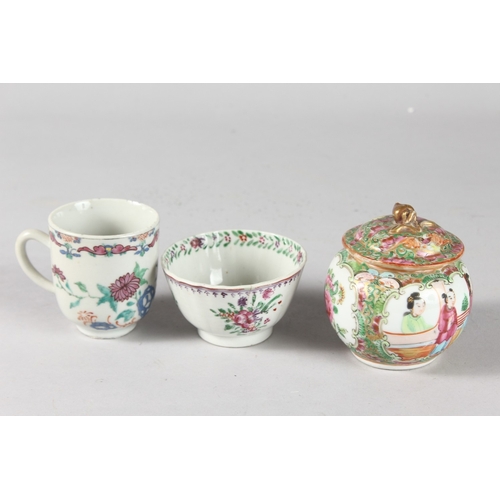 11 - A CHINESE CANTON FAMILLE ROSE PORCELAIN LIDDED POT, together with two porcelain cups, (3).