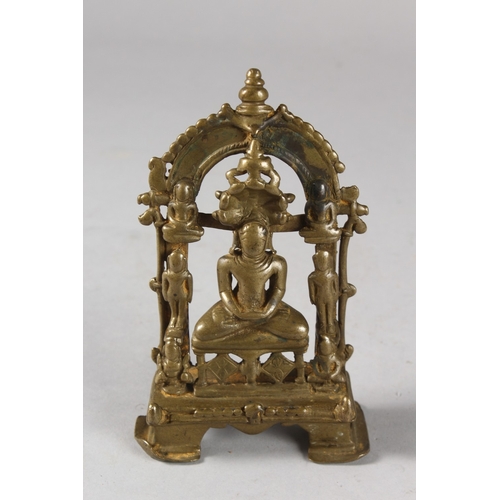 112 - A RARE AND FINE 14TH CENTURY OR EARLIER SOUTH INDIAN BRONZE JAIN SHRINE, 14cm high.