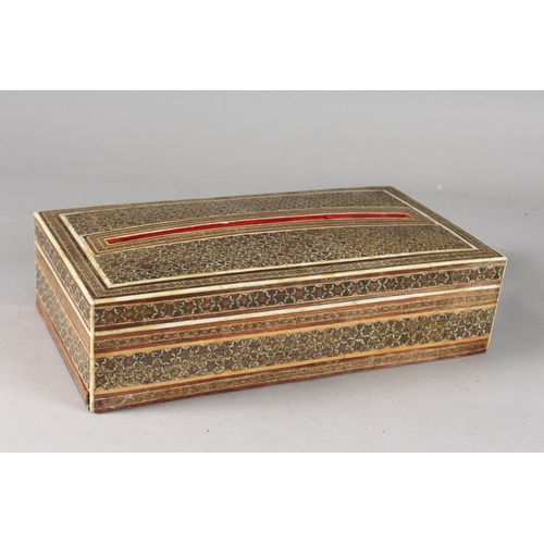 122 - A MID 20TH CENTURY PERSIAN KATAMKARI INLAID WOODEN TISSUE BOX, 28.5cm long.