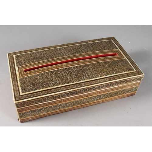 122 - A MID 20TH CENTURY PERSIAN KATAMKARI INLAID WOODEN TISSUE BOX, 28.5cm long.