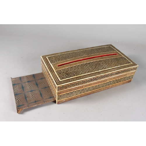 122 - A MID 20TH CENTURY PERSIAN KATAMKARI INLAID WOODEN TISSUE BOX, 28.5cm long.