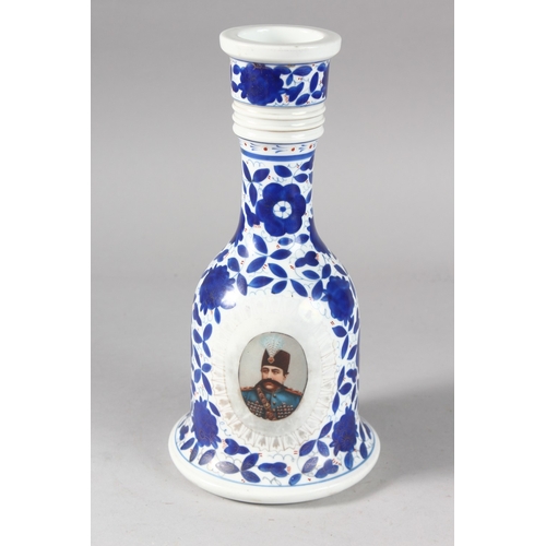 123 - A 19TH CENTURY PERSIAN QAJAR MARKET RUSSIAN PORCELAIN HUQQA BASE, with portraits of a Persian ruler,... 