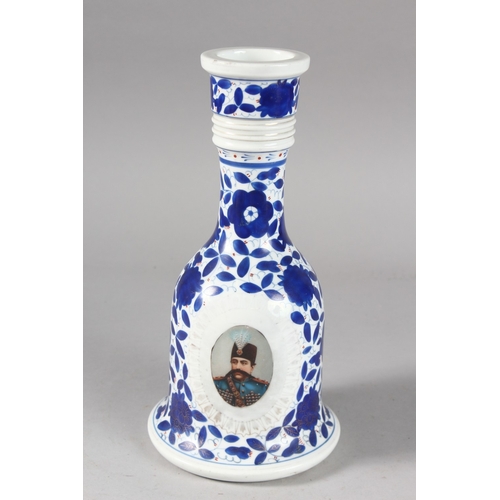 123 - A 19TH CENTURY PERSIAN QAJAR MARKET RUSSIAN PORCELAIN HUQQA BASE, with portraits of a Persian ruler,... 