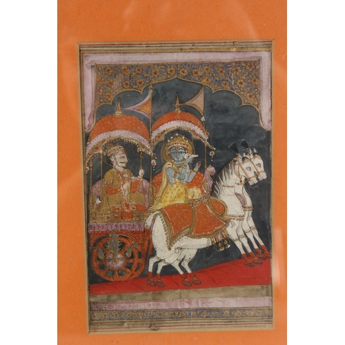 125 - AN 18TH-19TH CENTURY INDIAN MINIATURE PAINTING DEPICTING KRISHNA AND A NOBLEMAN RIDING A CHARRIOT, f... 