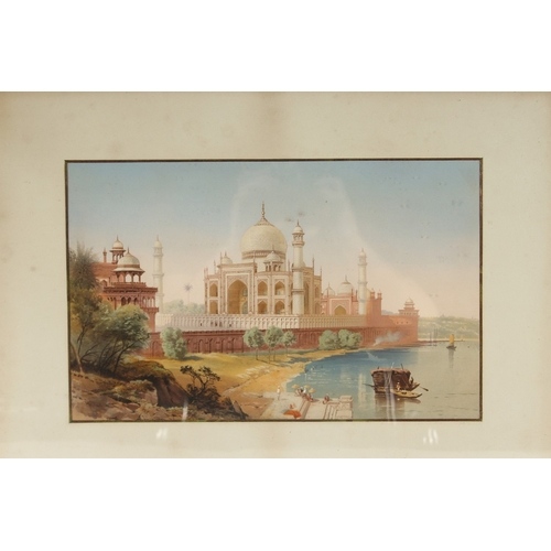 130 - A FINE 19TH CENTURY INDIAN PICTURE DEPCITING THE TAJ MAHAL and surrounding landscape, framed and gla... 