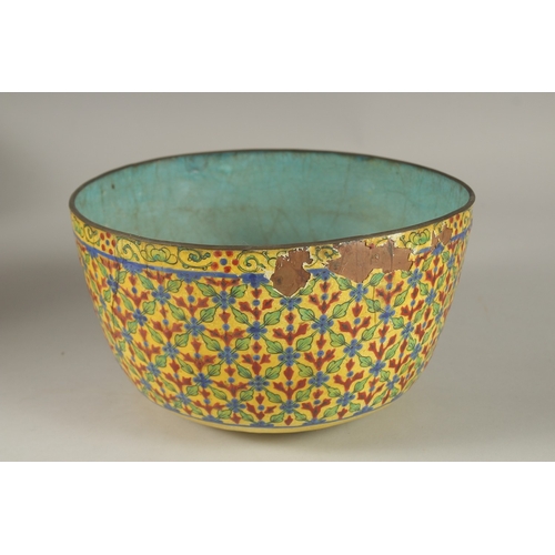 136 - A VERY FINE 19TH CENTURY THAI ENAMELLED COPPER BOWL, 21cm diameter.