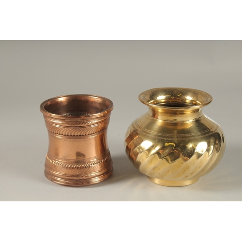 140 - TWO 18TH CENTURY INDIAN POTS, one lota with turban design, the other an engraved copper beaker, (2).