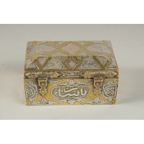 150 - A FINE 19TH CENTURY DAMASCUS SILVER AND COPPER INLAID BRASS BOX, 10cm across.