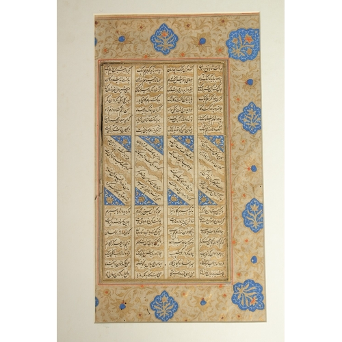 158 - A 17TH CENTURY SAFAVID IRAN GOLD CALLIGRAPHIC PANEL FROM THE BOOK OF SHAHNAMA, with blue illuminatio... 