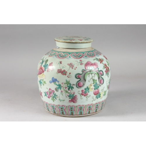 162 - A CHINESE FAMILLE ROSE PORCELAIN JAR AND COVER, painted in colourful enamels depicting insects and f... 