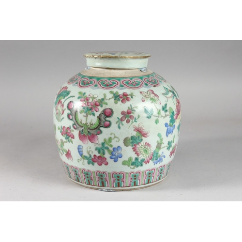 162 - A CHINESE FAMILLE ROSE PORCELAIN JAR AND COVER, painted in colourful enamels depicting insects and f... 