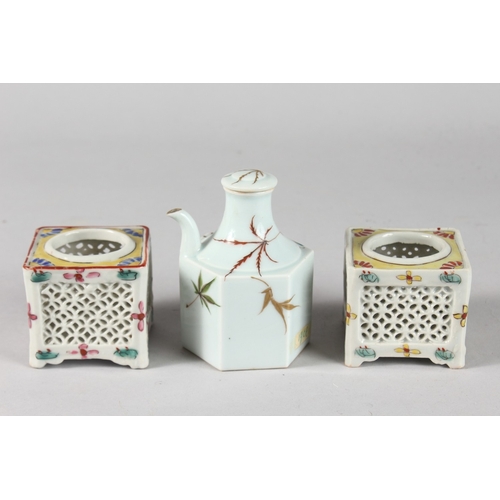 17 - TWO PIERCED OPENWORK PORCELAIN SQUARE-FORM POTS, together with a porcelain hexagonal lidded water dr... 