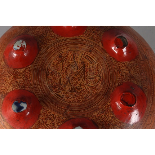 171 - A LARGE 19TH-20TH CENTURY BURMESE RED LACQUER CIRCULAR BOX, comprising of four pieces, 36cm diameter... 