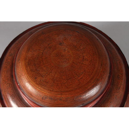 171 - A LARGE 19TH-20TH CENTURY BURMESE RED LACQUER CIRCULAR BOX, comprising of four pieces, 36cm diameter... 