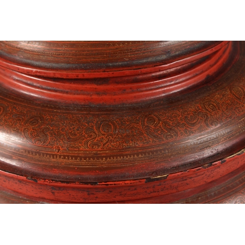 171 - A LARGE 19TH-20TH CENTURY BURMESE RED LACQUER CIRCULAR BOX, comprising of four pieces, 36cm diameter... 