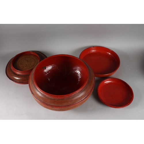 171 - A LARGE 19TH-20TH CENTURY BURMESE RED LACQUER CIRCULAR BOX, comprising of four pieces, 36cm diameter... 