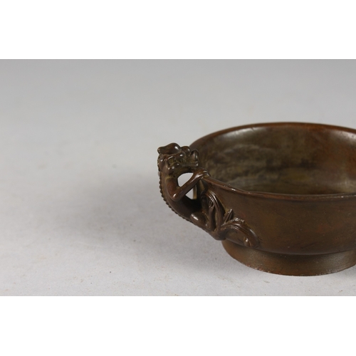 177 - A SMALL CHINESE BRONZE TWIN HANDLE CENSER, the handles formed as chilong, base with character mark, ... 