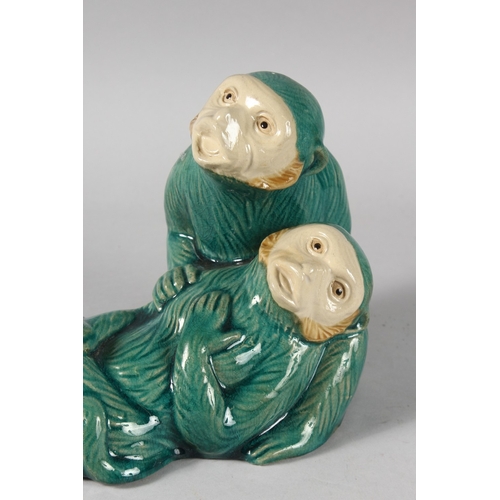 18 - A LARGE CHINESE TURQUOISE GLAZED POTTERY GROUP OF TWO MONKEYS, the base with impressed mark, 27cm lo... 