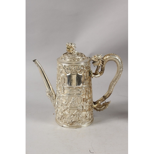 181 - A VERY FINE CHINESE WANG HING SILVER COFFEE SET, comprising a coffee pot, sucrier, and cream jug, ea... 