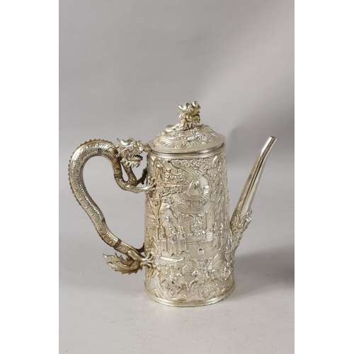 181 - A VERY FINE CHINESE WANG HING SILVER COFFEE SET, comprising a coffee pot, sucrier, and cream jug, ea... 