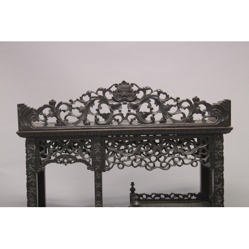 183 - A FINE CHINESE CARVED OPENWORK HARDWOOD DISPLAY CABINET, 154cm high, 8cm wide, 36cm deep.