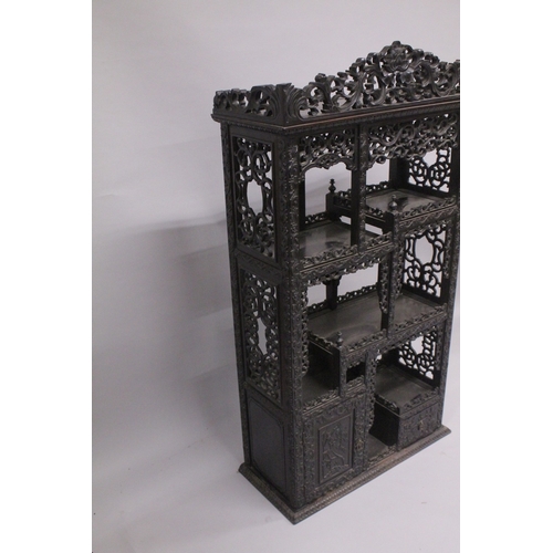 183 - A FINE CHINESE CARVED OPENWORK HARDWOOD DISPLAY CABINET, 154cm high, 8cm wide, 36cm deep.