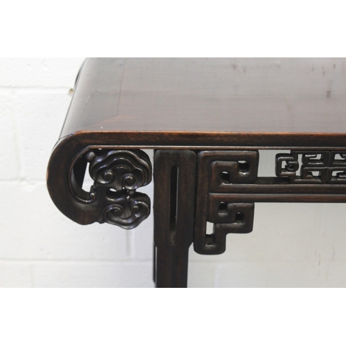 187 - A 19TH-20TH CENTURY CHINESE HARDWOOD ALTER TABLE, possibly zitan, 119cm long, 84cm high, 39.5cm deep... 