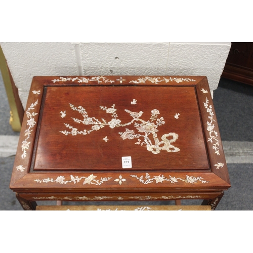 191 - A CHINESE MOTHER OF PEARL INLAID NEST OF THREE TABLES, (one missing), 66cm high, 51cm wide, 36cm dee... 